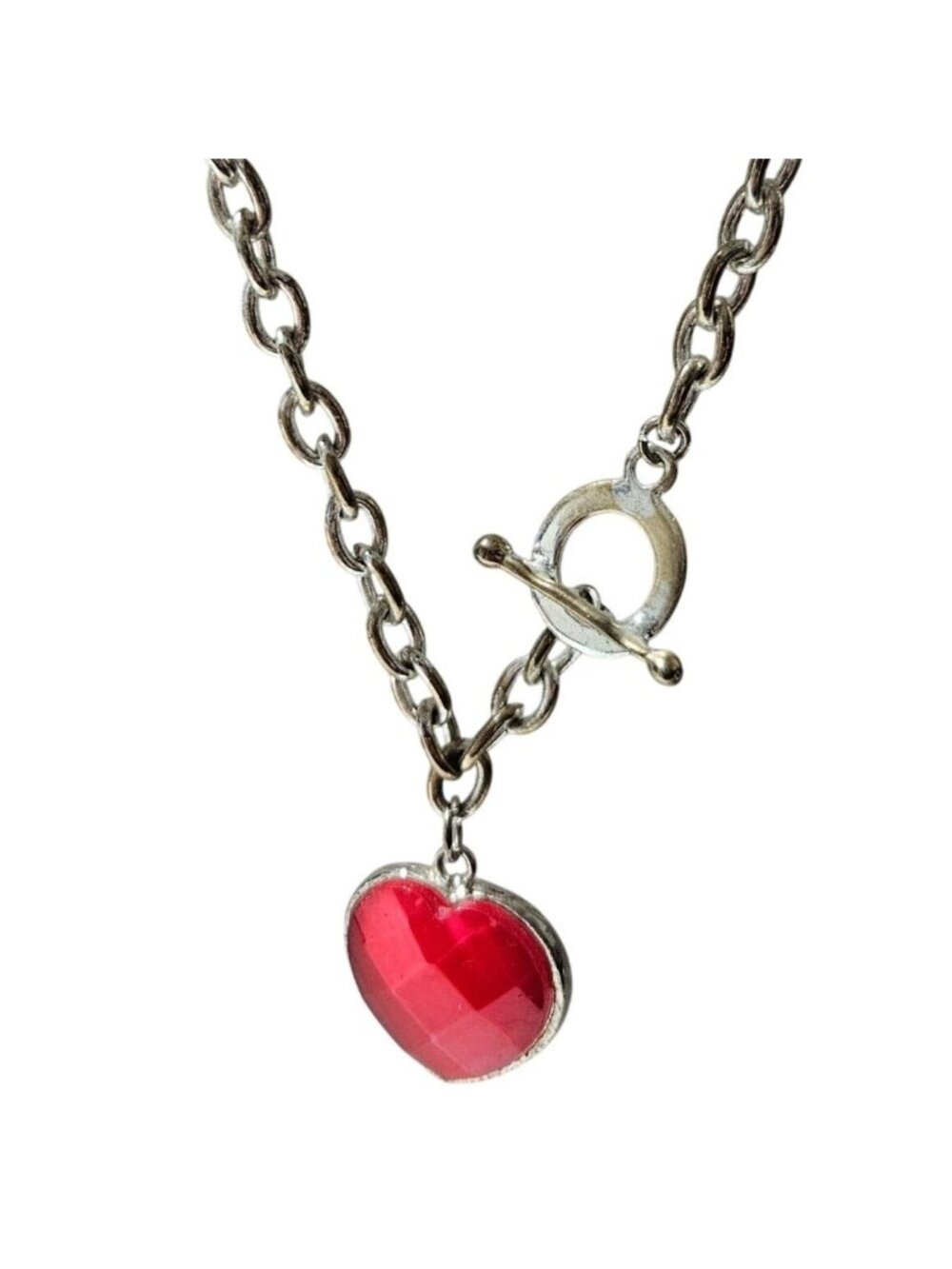 Y2K Heart Pendant Necklace Silver Tone Red Faceted Romantic Valentines Day